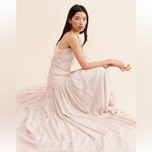 BHLDN Jade Metallic Blush One-Shoulder Asymmetrical Waist Gown